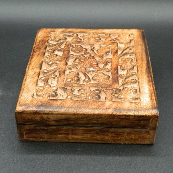 Carved Wood Box with Black Velveteen Lining - Picture 5 of 7